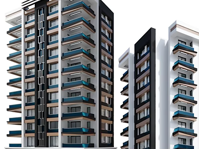 Modern High Rise Residential Building Exterior With Black White Facade And Blue Balconies 3d model