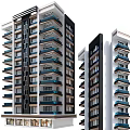 Modern High Rise Residential Building Exterior With Black White Facade And Blue Balconies