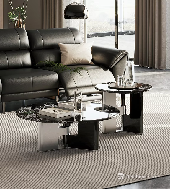 Two Coffee Tables With Black Leather Sofa Green Plant And Books In Living Room 3d model 