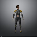Futuristic Female Character In Advanced Gray And Yellow Armor With Technological Details