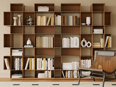 Modern Wooden Bookcase Featuring Multiple Compartments With Books Decorative Items Near Accent Chair 3d model