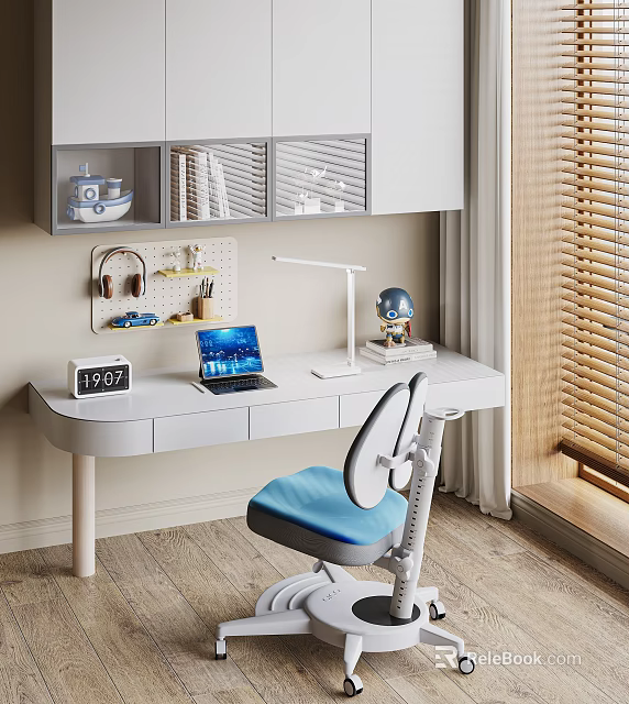 Study Room Interior Design With White Desk Blue Chair Louvered Cabinet And Wooden Floor 3d model 