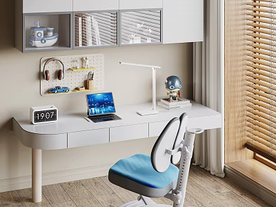 Study Room Interior Design With White Desk Blue Chair Louvered Cabinet And Wooden Floor 3d model