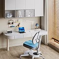 Study Room Interior Design With White Desk Blue Chair Louvered Cabinet And Wooden Floor