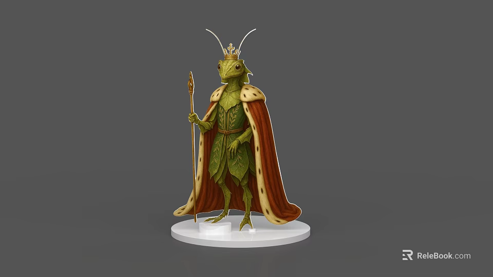 Green Skinned Game Movie Character With Antennas Crown Red Cape And Staff On White Base 3d model 