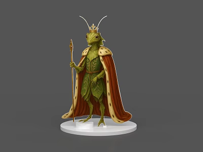 Green Skinned Game Movie Character With Antennas Crown Red Cape And Staff On White Base 3d model