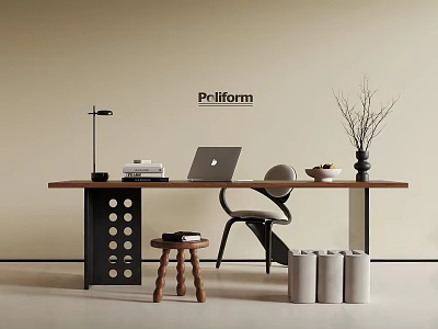 Modern Wooden Desk with Black Frame and Circular Holes Laptop Books Table Lamp and Vase 3d model