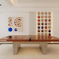 Wooden Shuffleboard Table With Concrete Legs In White Room And Geometric Wall Decor