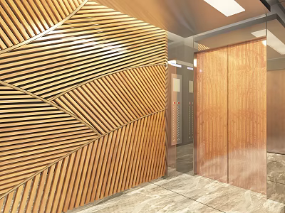 Modern Elevator Hallway With Wooden Striped Wall Elevator Doors And Polished Marble Flooring 3d model