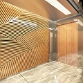 Modern Elevator Hallway With Wooden Striped Wall Elevator Doors And Polished Marble Flooring