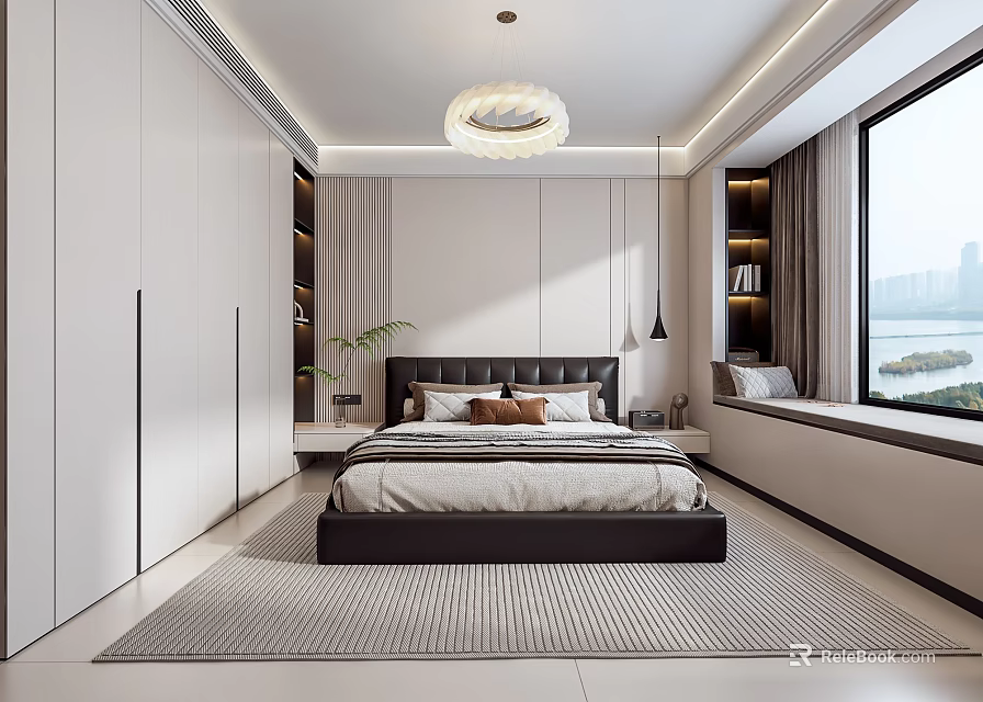 Modern Bedroom Interior Design With White Wardrobes Bed Black Headboard Round Pendant Light Area Rug 3d model 