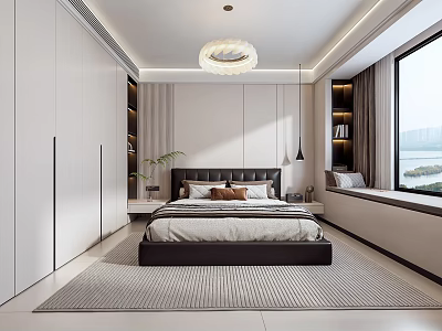 Modern Bedroom Interior Design With White Wardrobes Bed Black Headboard Round Pendant Light Area Rug 3d model