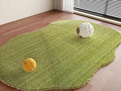 Green Knitted Circular Rug on Wooden Floor with Yellow Ball and White Sheep Decorations 3d model