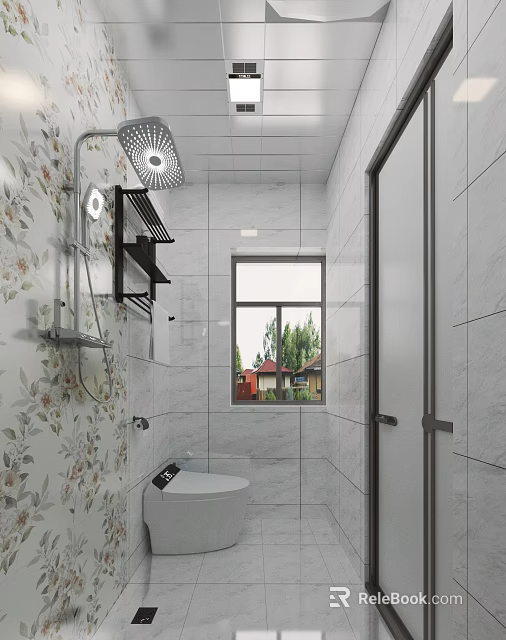 Clean Modern Bright Bathroom Interior With Floral Wall Tiles Smart Toilet And Complete Shower Fixtures 3d model 