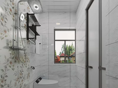 Clean Modern Bright Bathroom Interior With Floral Wall Tiles Smart Toilet And Complete Shower Fixtures 3d model