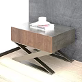 Modern Bedside Table With Wood Top Metal Cross Legs And White Mug Stack Of Books