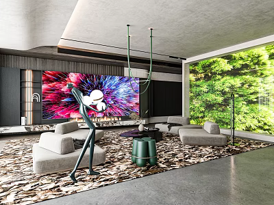 Modern Luxury Living Room Interior Design With Art Decor Comfy Sofas And Panoramic Green View 3d model