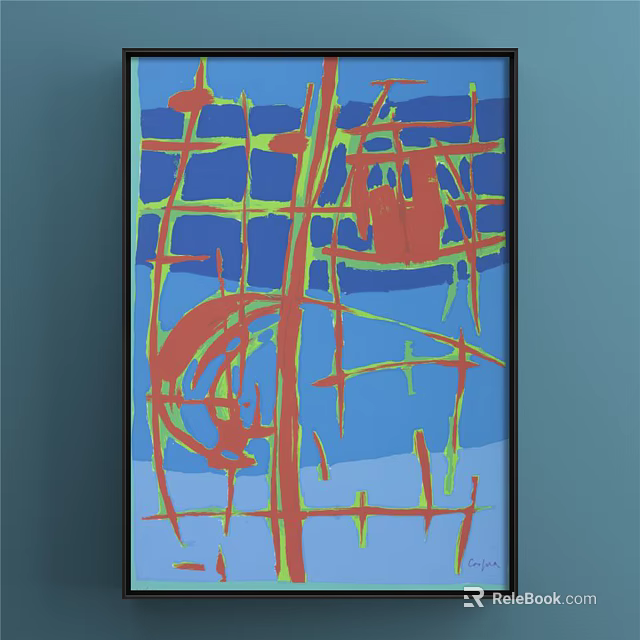 Vibrant Abstract Painting With Colorful Geometric Lines And Bold Red Yellow Accents 3d model 