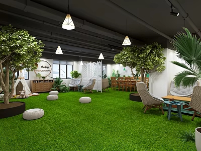 Cozy Indoor Leisure Area With Green Lawn Trees Hanging Chairs Tables And Pendant Lights 3d model