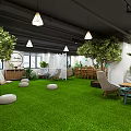 Cozy Indoor Leisure Area With Green Lawn Trees Hanging Chairs Tables And Pendant Lights