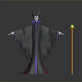 Mythical Woman With Horned Headdress In Dark Robe Holding Staff With Green Orb