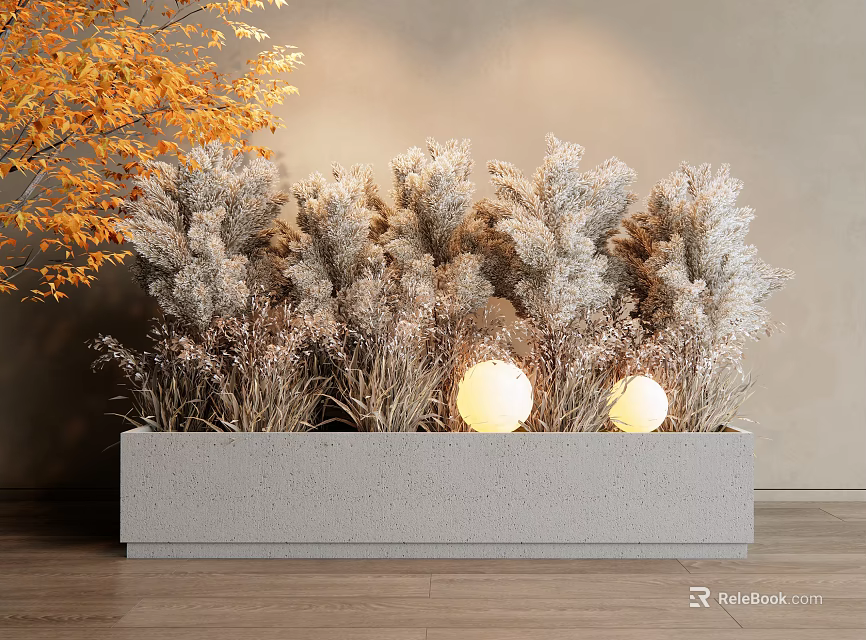 Potted Ornamental Plants in Concrete Planter With Dried Grass And Glowing Spherical Lights 3d model 