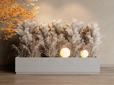 Potted Ornamental Plants in Concrete Planter With Dried Grass And Glowing Spherical Lights 3d model