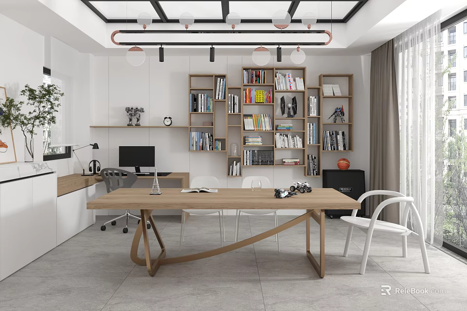 Modern Study Room Interior Design With Wooden Desk Computer Bookshelves White Chairs And Green Plant 3d model 