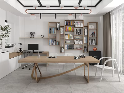 Modern Study Room Interior Design With Wooden Desk Computer Bookshelves White Chairs And Green Plant 3d model