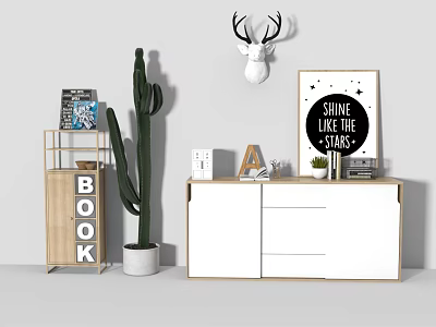 Stylish White Console Cabinet and Wooden Side Cabinet With Cactus Deer Head and Star Poster 3d model