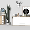 Stylish White Console Cabinet and Wooden Side Cabinet With Cactus Deer Head and Star Poster
