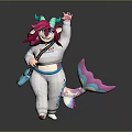Cartoon Game Movie Character With Colorful Horns Pink Purple Hair Holding Microphone And White Jumpsuit