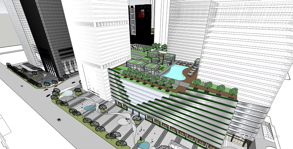 Modern Commercial Complex With High Rise Buildings Rooftop Greenery Pool And Plaza 3d model 
