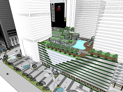 Modern Commercial Complex With High Rise Buildings Rooftop Greenery Pool And Plaza 3d model