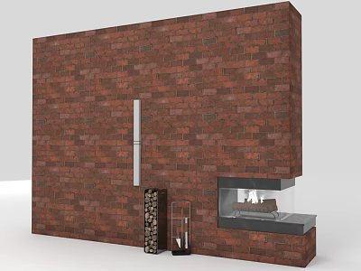 Modern Built in Red Brick Wall Fireplace With Wood Stack And Burning Fire 3d model