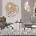 Modern Living Room Featuring Comfortable Leisure Chairs Circular Mirror Wing Decor And Fireplace
