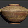 Sculptural Carving of Ancient Terracotta Vessel with Red Brown Patterns and Round Shape