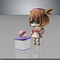 Cartoon Girl With Brown Hair Green Eyes And Pink Pig Creature On Purple White Box