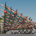 Wooden Glass Pergola With Triangular Roof Design Red Decorative Balls Palm Trees And Stone Wall