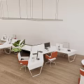 Modern White Office Desk in Open Workspace With Orange Chairs Green Plants and Hanging Lights