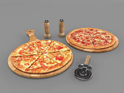 Two Delicious Pizzas On Wooden Boards With Pepper Grinders And Pizza Cutter 3d model
