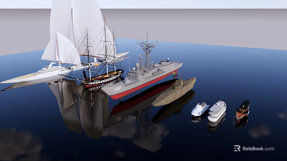 Traditional Wooden Sailing Boat Among Various Modern Ships On Water Surface 3d model 