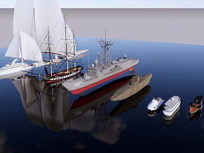 Traditional Wooden Sailing Boat Among Various Modern Ships On Water Surface 3d model