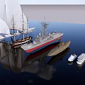 Traditional Wooden Sailing Boat Among Various Modern Ships On Water Surface