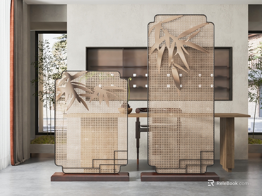 Modern Interior Room Divider With Bamboo Pattern And Wooden Lattice Design 3d model 
