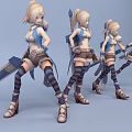Game Anime Blonde Female Character With Multiple Poses Blue White Outfit And Sword
