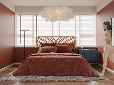 Orange Walls Bedroom Interior Design With Gold Headboard Cloud Chandelier Blue Nightstand And Brown Bedding 3d model