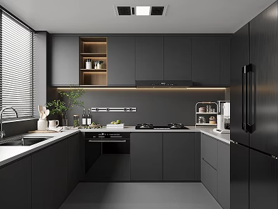 Modern Kitchen Interior Design With Dark Gray Cabinets Island Countertop And Appliances 3d model