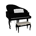 Elegant Black Grand Piano With Music Sheet And Wooden Piano Bench