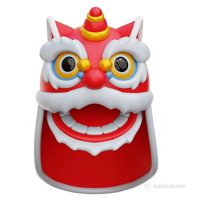 Traditional Festive Red Lion Dance Head Decorative Ornament Set With Yellow Decorations And White Mane 3d model 
